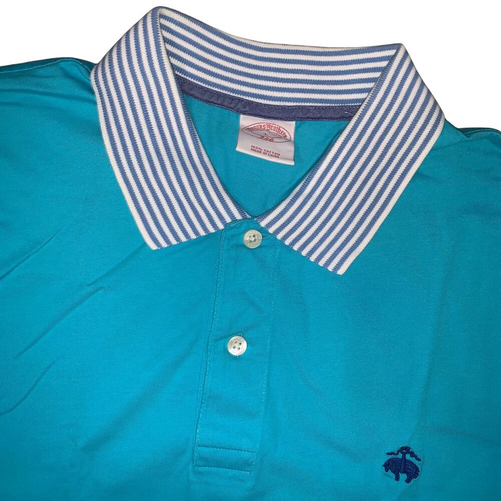 Brooks Brothers 346 Polo Shirt Mens L Aqua Striped Collar Cotton Golf Preppy